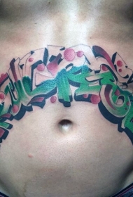 腹部彩色涂鸦式花体字母纹身图片