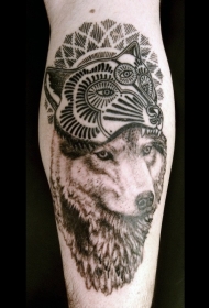 手臂黑棕色写实狼狼面具纹身