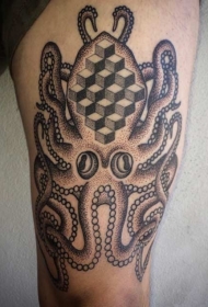 腿部黑棕色章鱼与几何图形纹身图案
