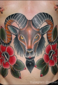 男性腹部彩色公羊与花朵纹身图案