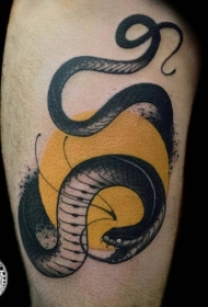 腿部老派风格的彩色蛇纹身图案