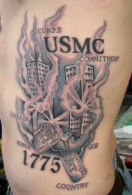 腰侧彩色美国911摩天大楼纹身图片