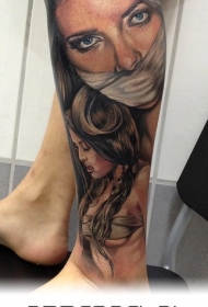 腿部彩色女人绑嘴肖像纹身图案