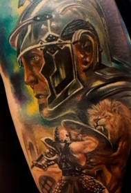 彩色肩部古代武士与狮子纹身图片