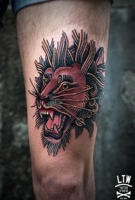 腿部彩色部落的咆哮狮子纹身