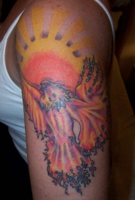 肩部彩色凤凰和太阳纹身图案