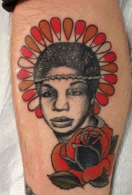 腿部老流派彩色部落妇女与玫瑰纹身
