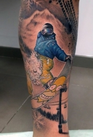 腿部彩色滑雪山滑雪人纹身图案