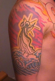 肩部彩色宗教主题的纹身图案