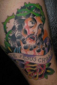 腿部彩色被折磨耶稣传统纹身图案