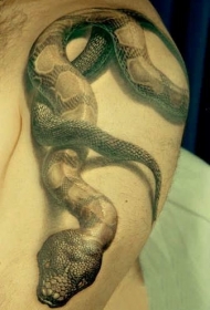 肩部黑灰色逼真3D蛇纹身图案