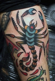 腿部彩色老派风格彩色蝎子纹身图片