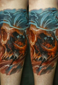 腿部新风格的彩色人类头骨纹身图案