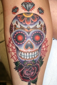 手臂彩色sugar 骷髅玫瑰和钻石纹身图案