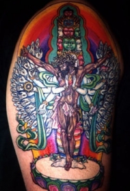 肩部彩色超现实的耶稣纹身图案