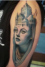 手臂彩色妇女与大教堂纹身图案