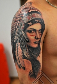 肩部彩色逼真的印第安女人肖像纹身