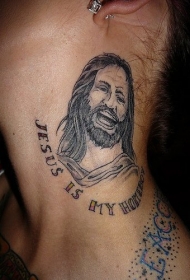 颈部黑色耶稣肖像纹身图案