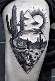 腿部黑色点画风格墨西哥牛仔仙人掌纹身