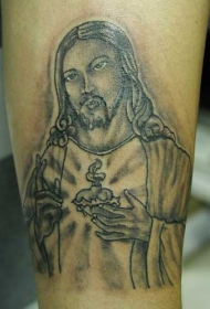 腿部灰色基督教主题的耶稣纹身