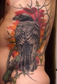 腰侧树枝上的乌鸦彩色纹身图片
