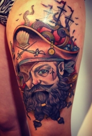 腿部老式彩色海盗与船纹身图案