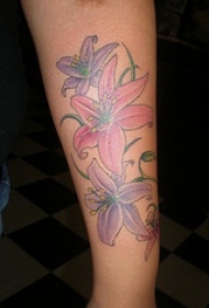 女性手臂彩色百合花纹身图案