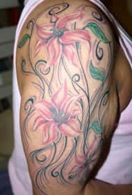 肩部淡粉色的百合花纹身图案