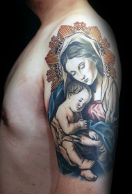 宗教风格的彩色圣女与儿童纹身图案