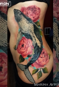 现实主义风格的彩色大鲸鱼和玫瑰纹身图案