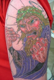 肩部彩色愤怒的耶稣纹身图案
