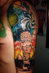 肩部彩色奇幻空间外星人纹身图案