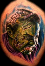 肩部彩色可怕的僵尸肖像纹身图片