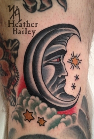腿部彩色月亮与星星纹身图案