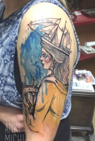 素描式彩色肩纹身的妇女与帆船纹身图案