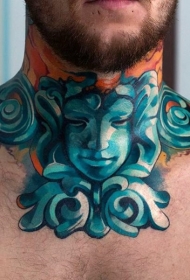 男性脖子彩色石雕风格纹身图案