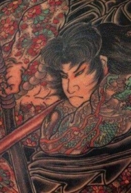 满背彩色武士之战纹身图案