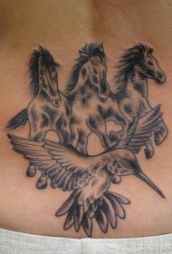 腰部棕色三匹马和蜂鸟纹身图片