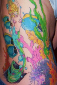 腰侧彩色水下美人鱼纹身图案
