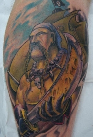 腿部彩色海盗战士与帆船纹身图片
