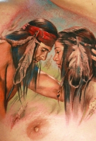 胸部彩色肖像爱印第安人纹身图片