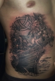 男性腹部维京勇士船纹身图案
