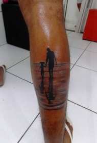 腿部黑色父亲与女儿纹身图案