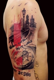 肩部彩色欧洲城市钟表纹身图案