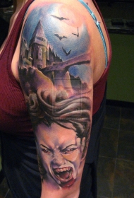 手臂彩色恐怖电影大城堡与吸血鬼女人纹身