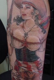 手臂彩色性感的海盗丫头纹身图案
