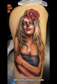 腿部墨西哥传统风格彩色女人纹身图案