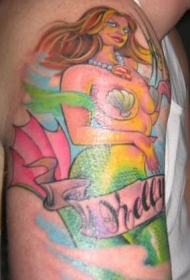 肩部彩色美人鱼纹身图案