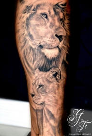 腿部棕色费雷罗狮和母狮纹身图片