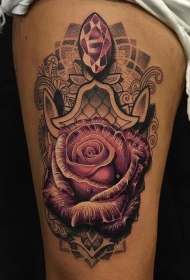 腿部彩色大玫瑰和印度教的纹身图案